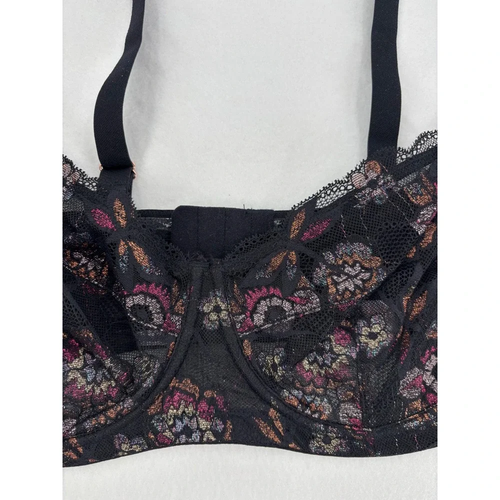 Savage X Fenty Nymph Nouveau Lace Bra Womens 38D Black Metallic Floral‎ Lace